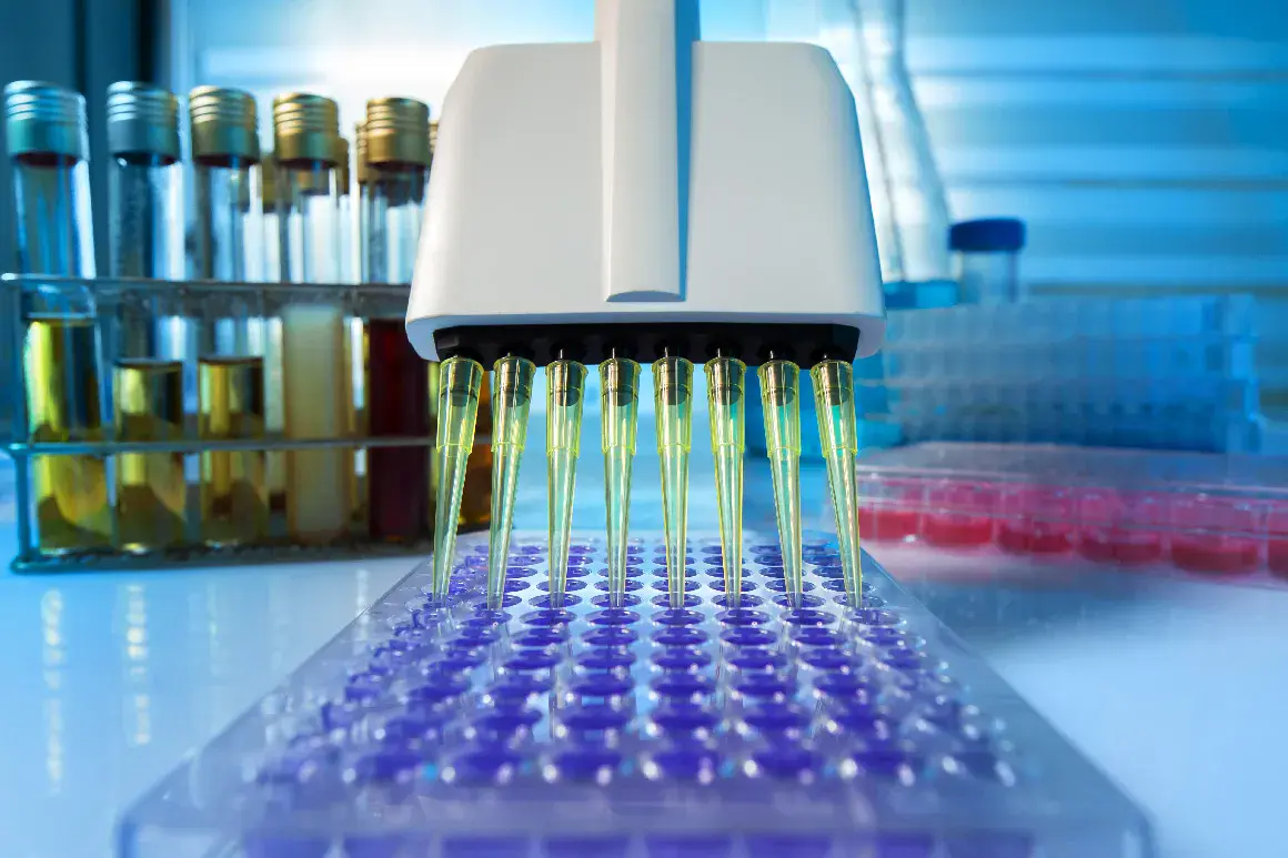 A close-up of a pipette over a plateDescription automatically generated